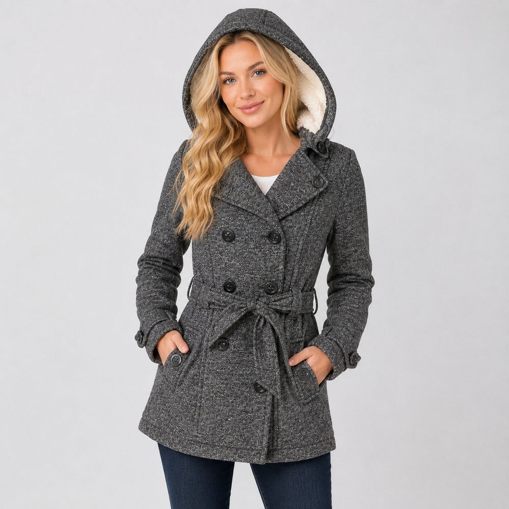 Ashley Outerwear Pea Coat Womens M Gray Sherpa Hooded Double Breasted Belted